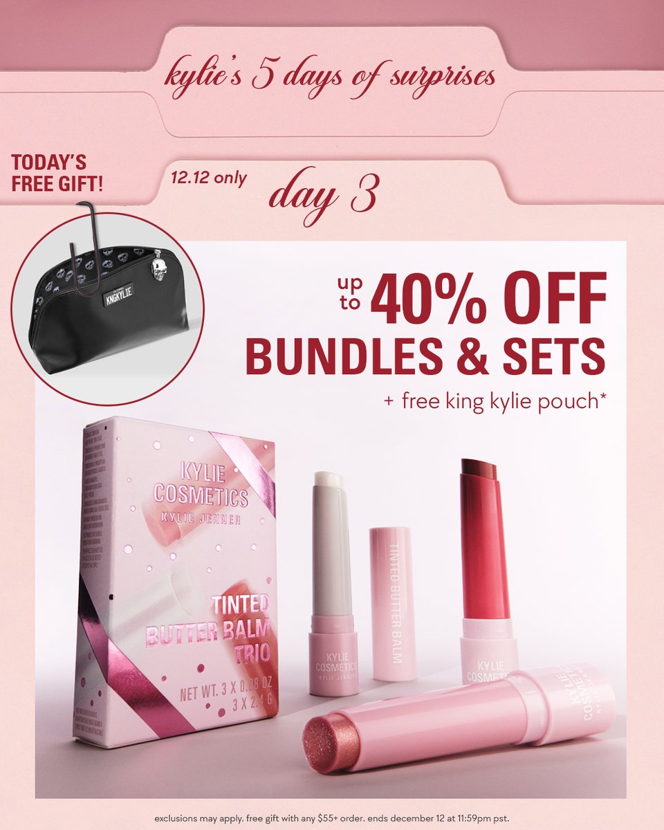get 40% off sets and bundles in my 5 days of holiday surprises sale! <a href="/kyliecosmetics/">Kylie Cosmetics</a> 

kyliecosmetics.com/collections/bu…