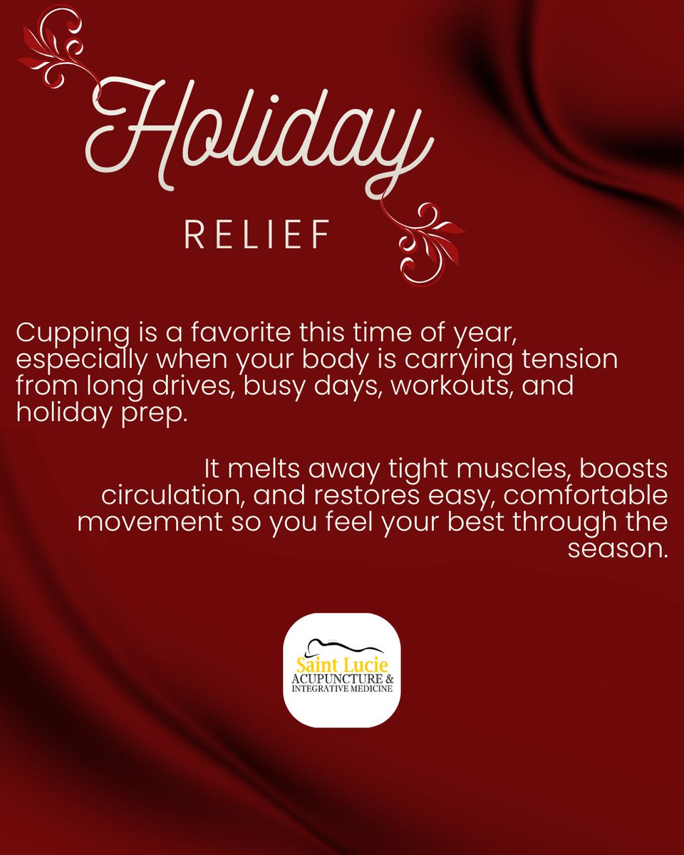 AcupuncturePSL's tweet photo. Cupping helps melt away shoulder + back tension, supporting smoother movement and deeper relaxation.
A perfect calm-in-the-chaos treatment for this time of year⛄️.

#stlucieacupuncture #portsaintlucie #CuppingTherapy #MuscleRecovery #BodyWork #NaturalTherapies #PainRelief https://t.co/5x3kJaxqUR
