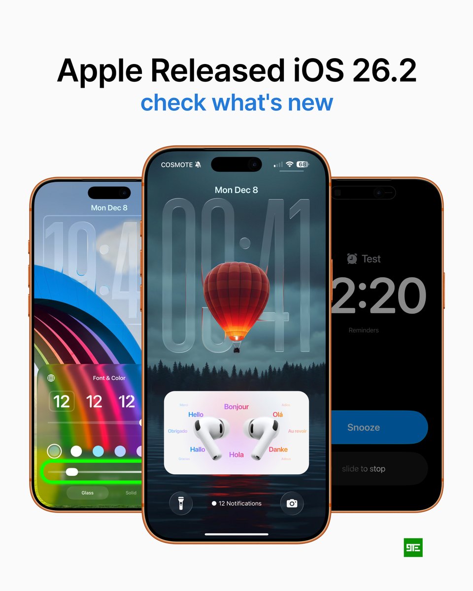 9techeleven's tweet photo. Apple released iOS 26.2 and these are the most important new features / changes that arrived to all supported iPhones [Thread] https://t.co/lDO155ctnA