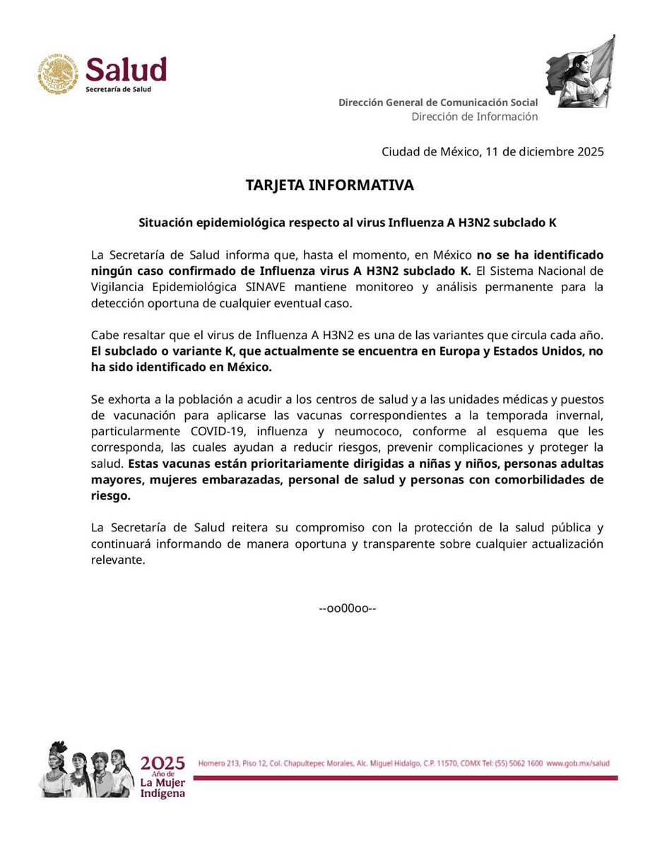 Comunicado da Secretária de Saúde do México sobre a situação Epidemiológica do Virus H3N2, Subclado K - Foto: TribunaSonora/X