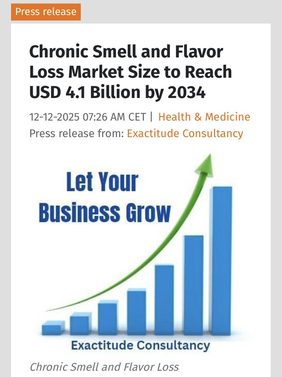 Press release Chronic Smell and Flavor Loss Market Size to Reach USD 4.1 Billion by 2034 12-12-2025 07:26 AM CET | Health & Medicine Press release from: Exactitude Consultancy