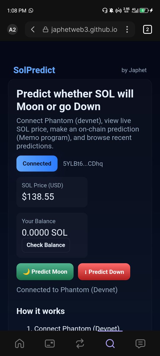 Japhet_Makolo's tweet photo. ๐ SolPredict โ a simple on-chain prediction dApp on Solana.
Pick MOON or DOWN, connect Phantom, and your prediction is saved on-chain.
Live app: https://t.co/l79lS861mB
Code: https://t.co/xV0xEUtRYL
Built for @indiefunxyz + @solana
#Solana #Web3 #IndieFun https://t.co/4jsSFDxJao