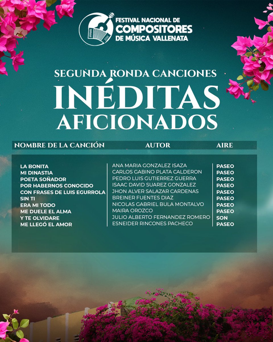🎶 Presentamos a los clasificados a la segunda ronda de Canción Inédita en la categoría Aficionado del FestiCompositores, 20 canciones llenas de talento y sentimiento participaron en la primera ronda… ¡y hoy celebramos a las *10* que avanzan a la siguiente etapa! 👏🎤