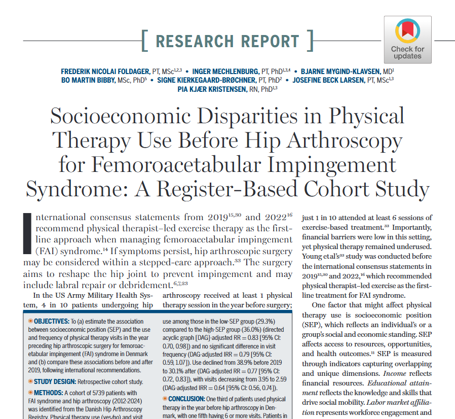 JOSPT's tweet image. #Physiotherapy is the first-line treatment for femoroacetabular impingement syndrome, yet only one in three patients receives therapy before surgery 👉 ow.ly/Z8eF50XII0Z

Learn from the full #ResearchReport in JOSPT ➡️ ow.ly/ow0Y50XII0X 

#Hip #Rehab #yourJOSPT