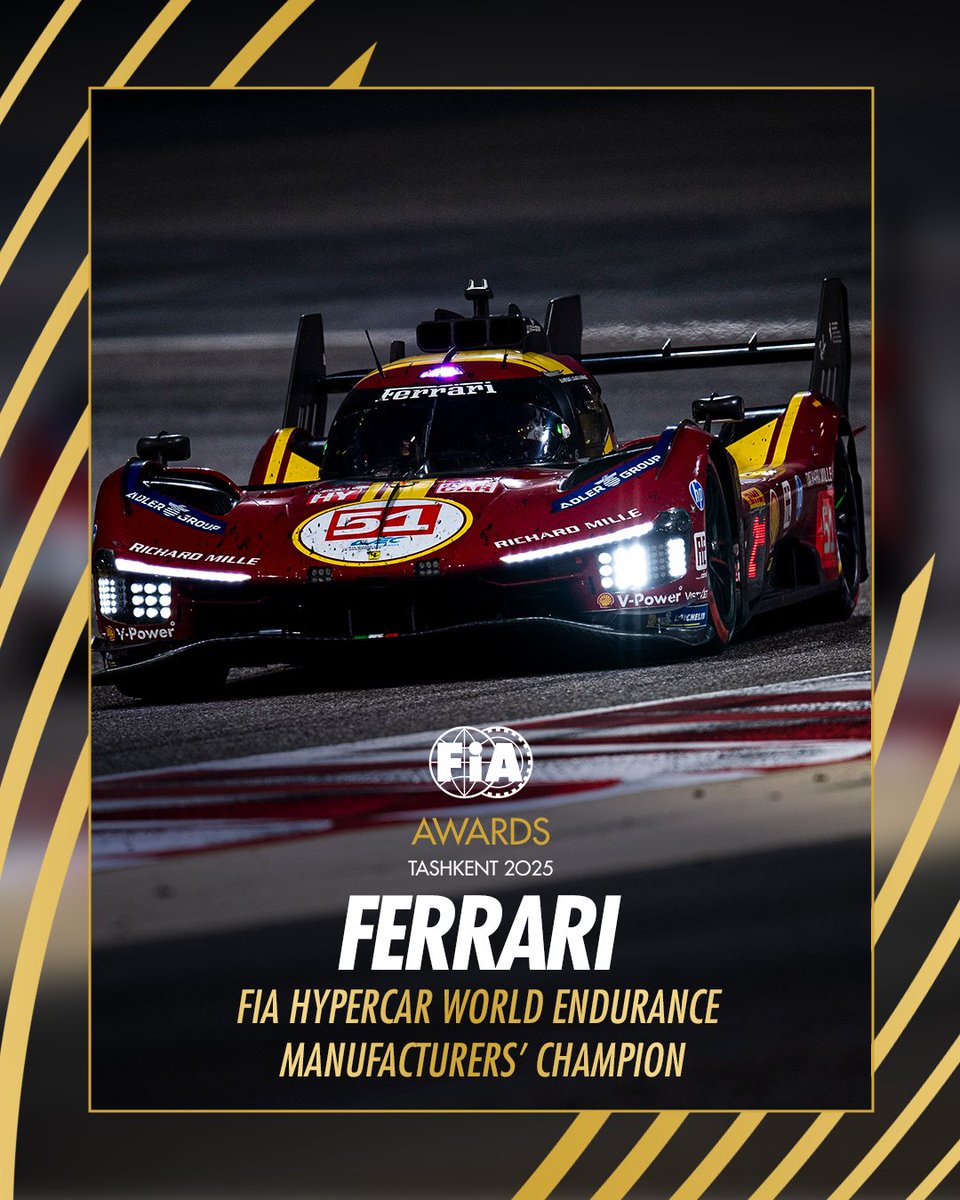 fia's tweet photo. Ferrari - FIA Hypercar World Endurance Manufacturers' Champion 👏

#FIAAWARDS2025 https://t.co/QYF26x9Bi9