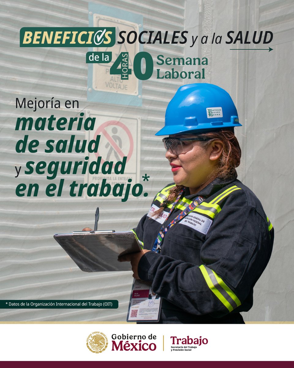 STPS_mx's tweet image. De acuerdo con la #OIT (@ilo), reducir la jornada laboral a #40Horas mejorará la calidad de vida de más de 13 millones de personas trabajadoras en 🇲🇽.

En el Segundo Piso de la #Tranformación, la salud y la seguridad de quienes trabajan es prioridad.
