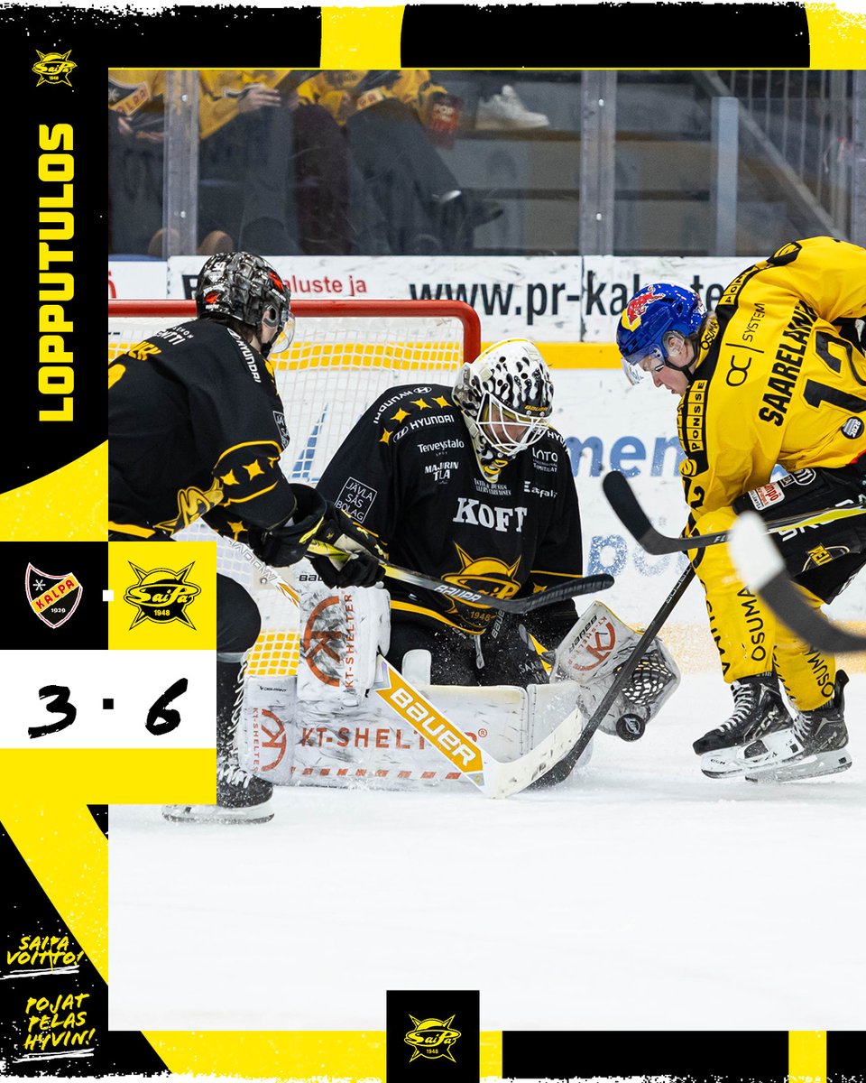 KalPa - SaiPa | Lopputulos | 3-6

Voittoputki venyy viiteen! 🔥

🚨Salomäki (Fortier, Airola)
🚨Salomäki (Naukkarinen, Kivihalme)
🚨Hokkanen (Klintrup, Aho) VT
🚨Kivenmäki (Airola, Grigals) YV
🚨Fortier (Nikkanen, Kivenmäki) SR
🚨Siikanen (Naukkarinen, Nikkanen) TM

#SaiPa #Liiga
