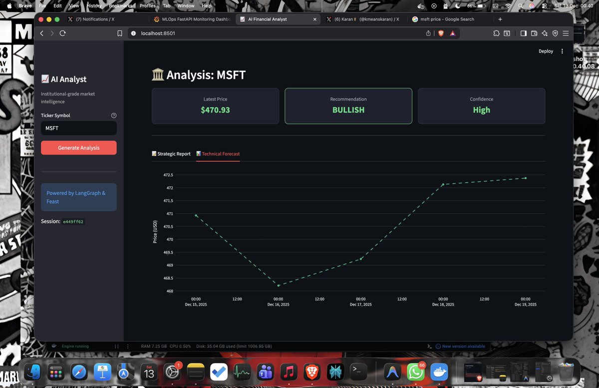 kmeanskaran's tweet image. THE MLOPS PROJECT: AI AGENTS + FORECASTING 🔥

Integrating LSTM forecasting and LangGraph agents to create a stock summary. I'm in the final stage. Here's what's inside:

1. Using Yahoo Finance API, training a simple LSTM model with transfer learning (training on S&amp;amp;P 500 and…