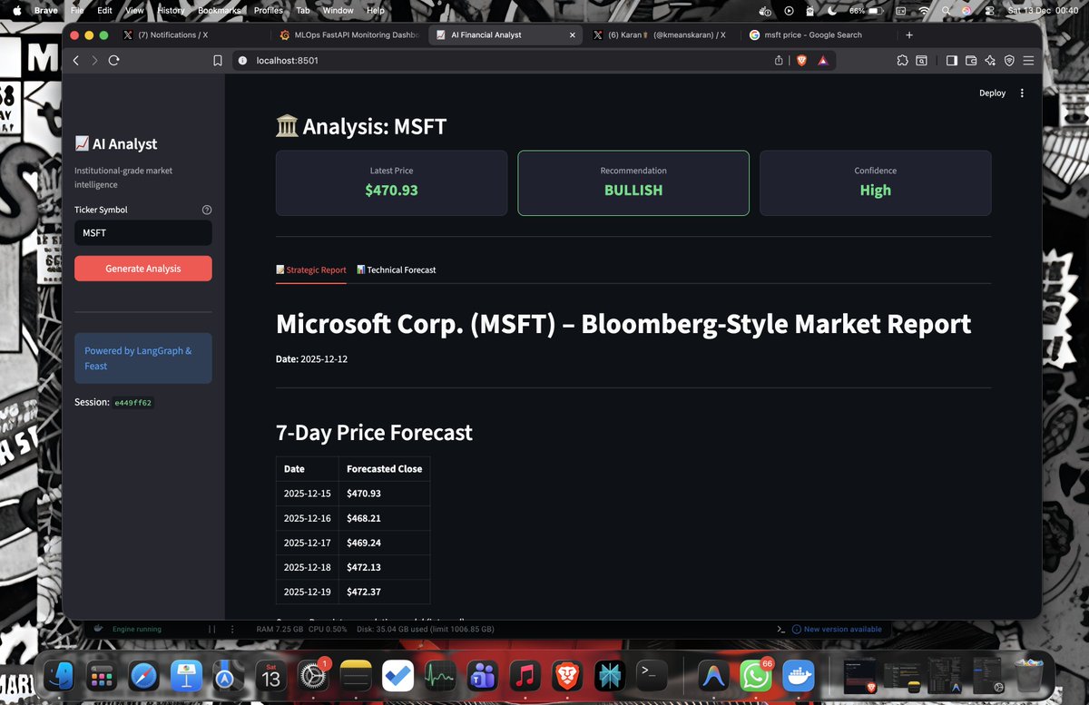 kmeanskaran's tweet image. THE MLOPS PROJECT: AI AGENTS + FORECASTING 🔥

Integrating LSTM forecasting and LangGraph agents to create a stock summary. I'm in the final stage. Here's what's inside:

1. Using Yahoo Finance API, training a simple LSTM model with transfer learning (training on S&amp;amp;P 500 and…