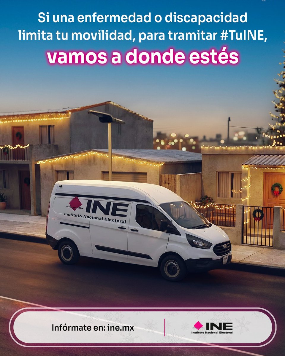 🎅Si una enfermedad o discapacidad te impide ir a tu módulo a tramitar #TuINE, nosotros vamos a tu domicilio para ayudarte a tramitarla.🎄​
👉 Infórmate en ine.mx o llama a INETEL: 800 433 2000. 📱