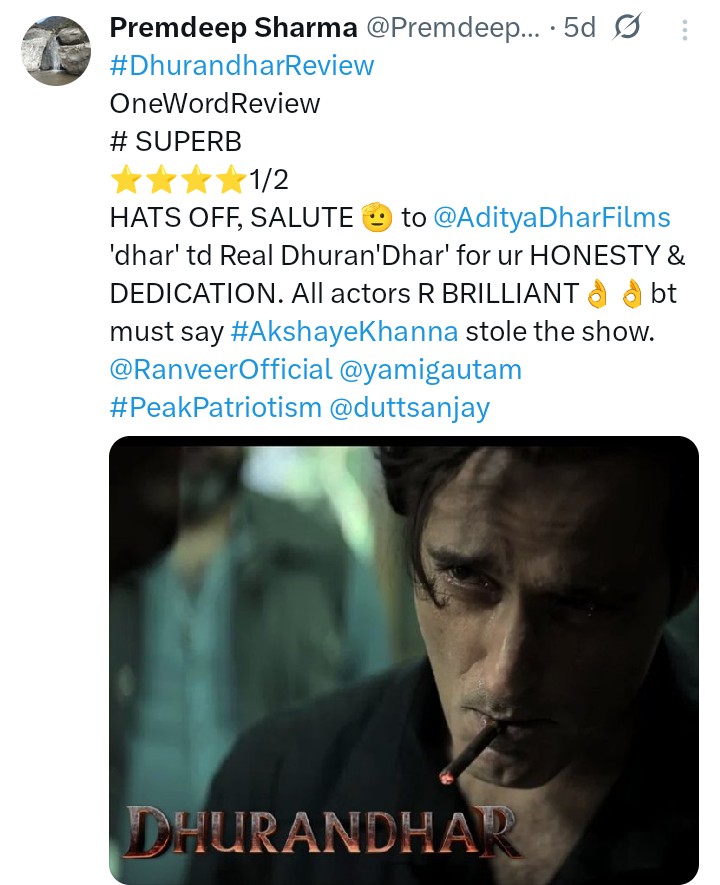 PremdeepSharma's tweet photo. #DhurandharMovie Review one can always Trust👇🙏✅✅ SUPER BLOCKBUSTER 🎆 https://t.co/FYh3ilZzgC