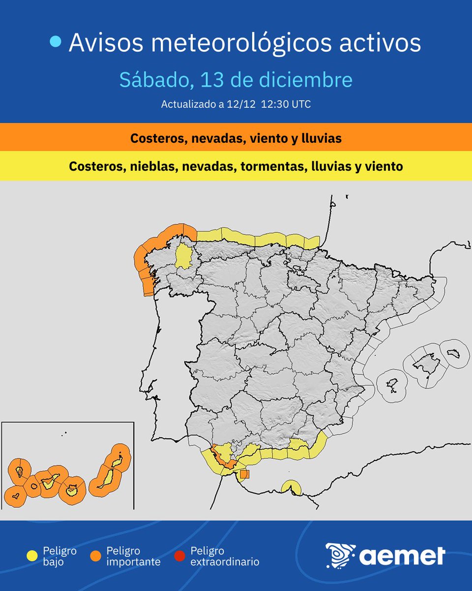 🟠 Borrasca Emilia | Avisos naranjas para el sábado 13. Peligro importante.

🌊 Temporal marítimo en Galicia y Canarias.

☔️ Lluvias intensas en Canarias, provincia de Cádiz y Ceuta.

⛄️🌬 Nevadas copiosas en cumbres canarias y vientos muy fuertes en amplias zonas de las islas.