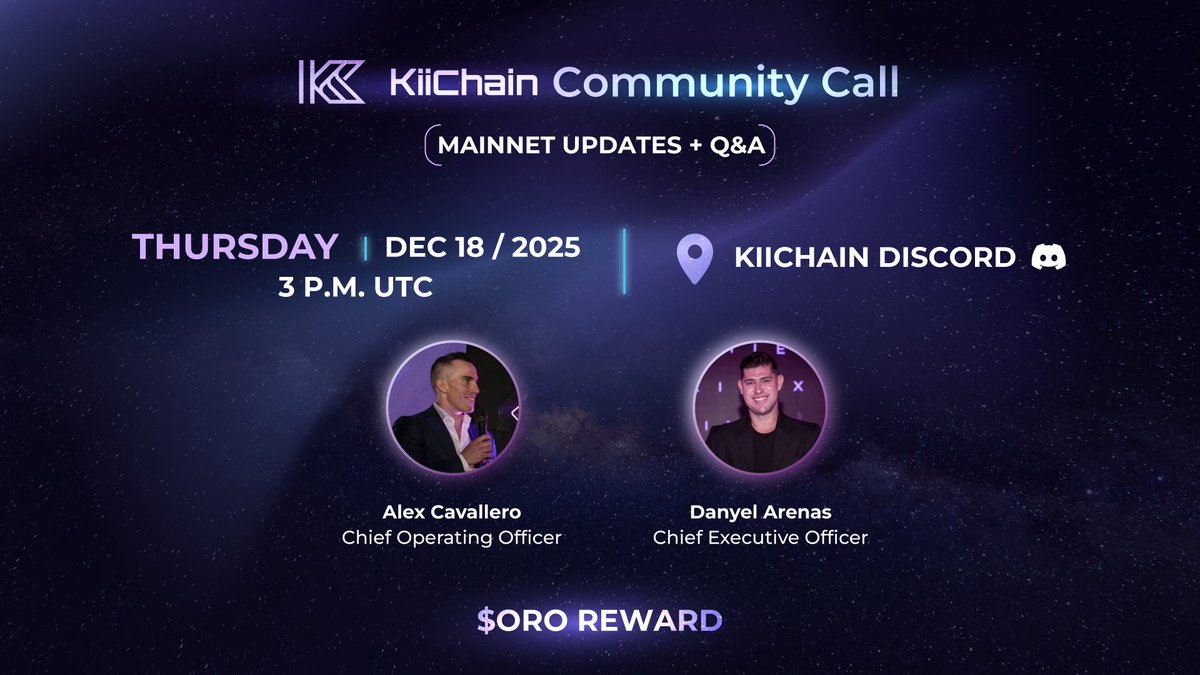 KIIPERS! We’re hosting our second Community Call on our Discord!
📅 Thursday, Dec 18 at 3PM UTC

Founders <a href="/DanyelArenas/">Danyel Arenas</a>  &amp; <a href="/apcavallerooo/">Alex | Kii</a> will be joining to:
- Talk about Mainnet and what’s coming next.
- Share key updates.
- Answer questions live.

👉 Leave your EVM wallet