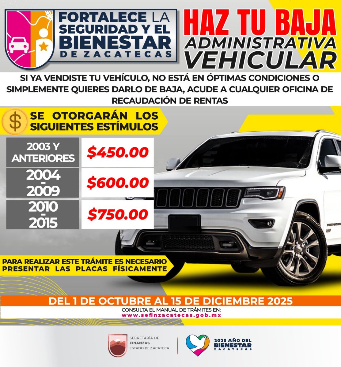 ⏳ ¡Últimos días para aprovechar los estímulos fiscales!

🚘 Baja administrativa de vehículos

💻 Genera tu línea de captura y realiza tu pago en oficinas de recaudación o centros autorizados:
➡️ lc.cx/j1_i0F ⬅️

#PazEsBienestar🕊