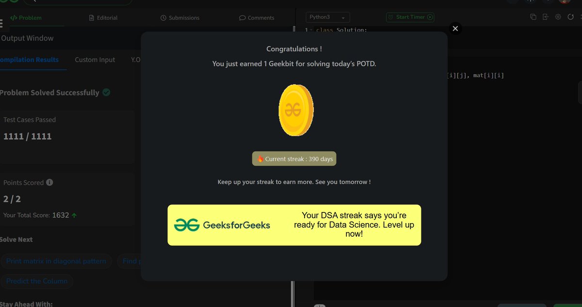 akashasahu07's tweet image. Day - 390
Swap diagonals Problem
💡 Learning never stops. Today’s GeeksforGeeks POTD done — building skill, not just streaks. #geekstreak2025 #GFGPOTD #KeepCoding
