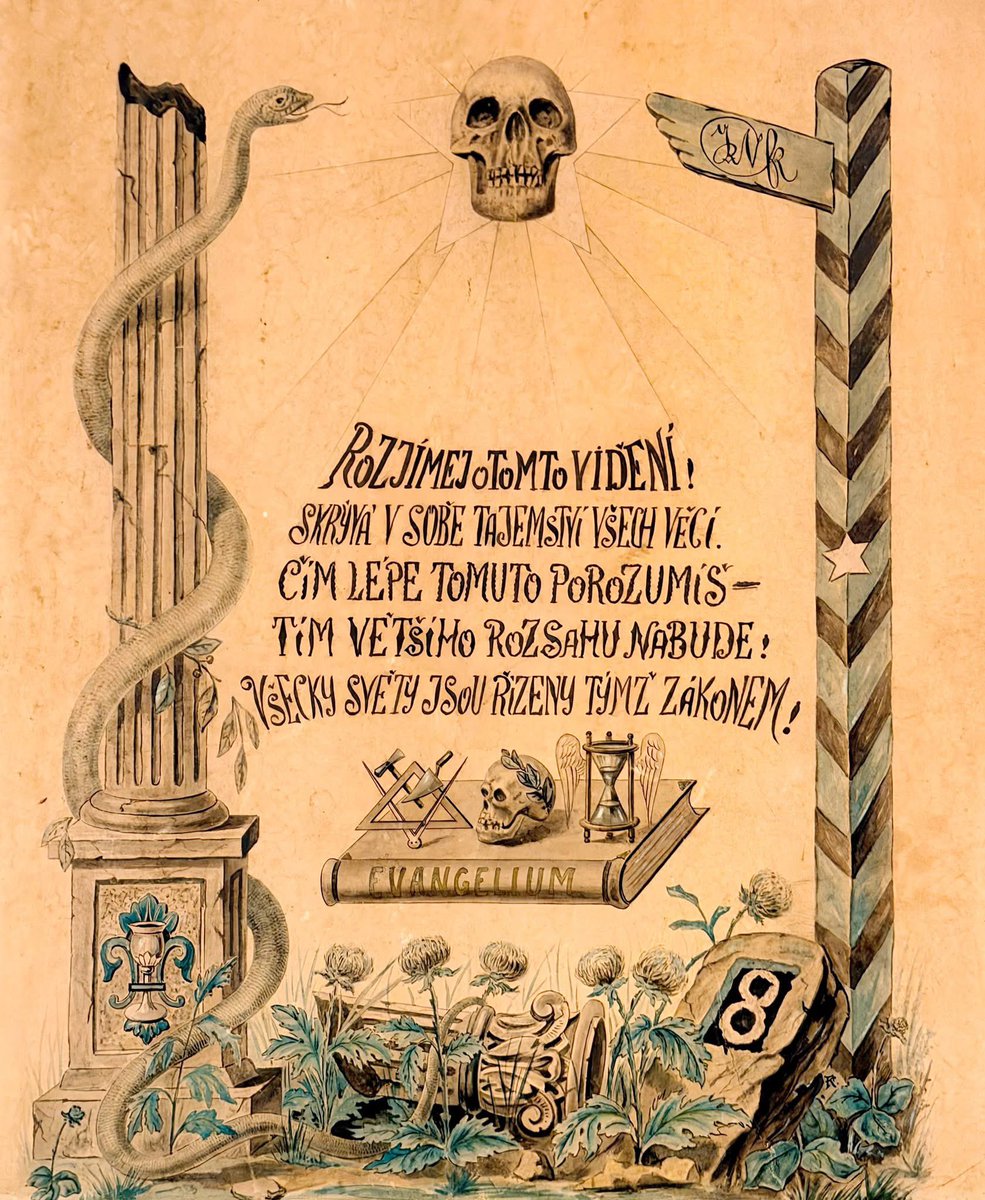 Help us find the artist of this graphic from Czechoslovakia. 
Signed J R N (Br)
Strange number 8: eight virtues by Mucha -> his circle and Czech Freemasonry?
Right border column – politics: founding of Czechoslovakia in 1918?
Any info is much appreciated!