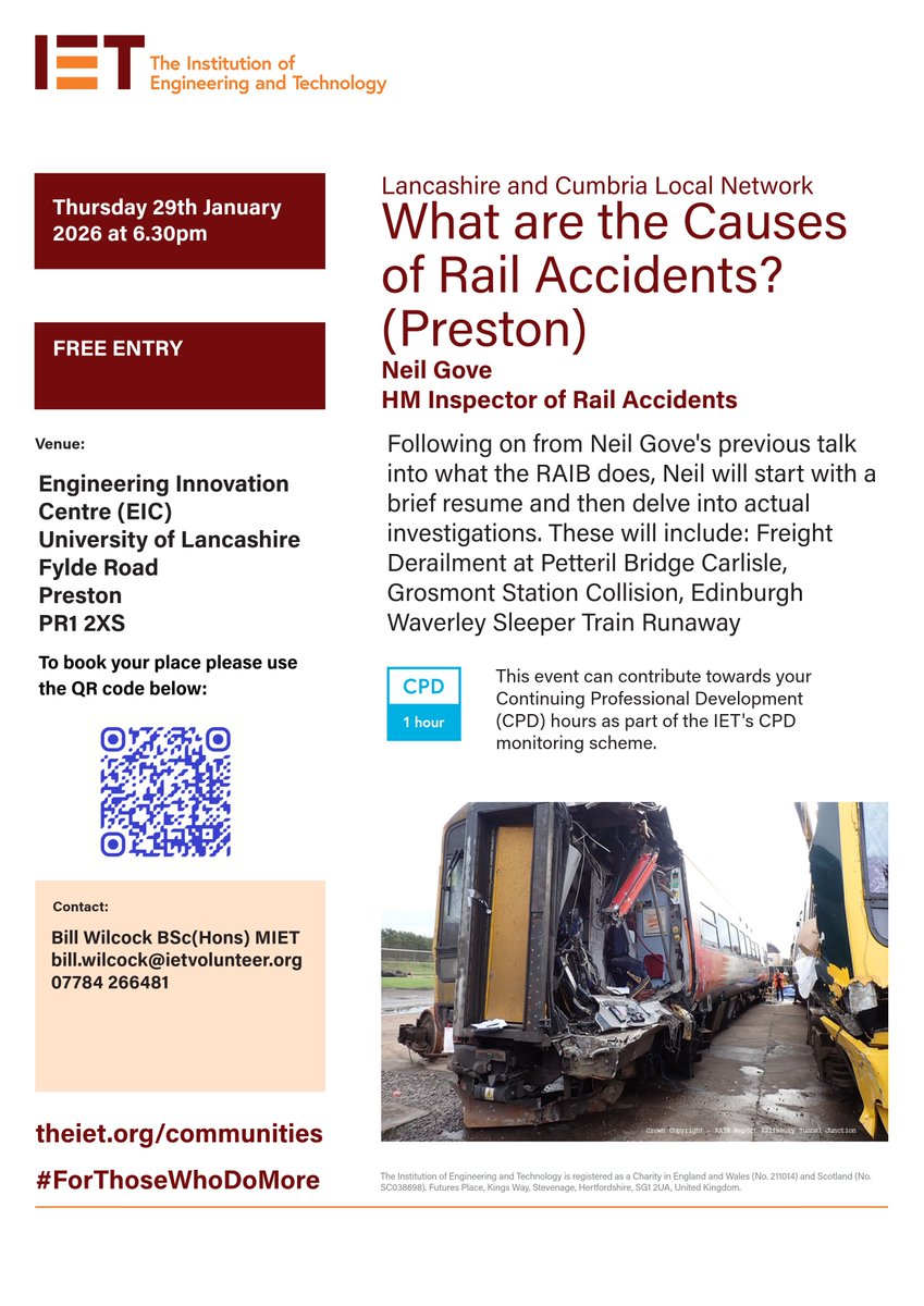 Free Events in January:
Thurs 15th Jan 2026 Major Deep Water Oil and Gas Developments Offshore West Africa (Kendal) localevents.theiet.org/register.php?e…

Thurs 29th Jan 2026 at the University of Lancashire Neil Gove will continue his talk on causes of rail accidents. localevents.theiet.org/register.php?e…