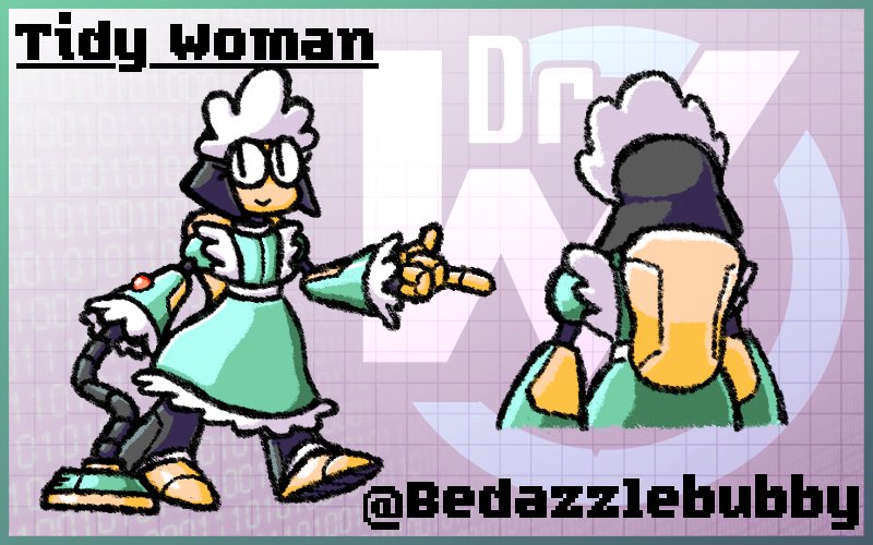 Bedazzlebubby's tweet photo. Meet Tidy Woman! This ditzy cleaning robot normally is pretty adept at keeping things nice and clean, but as of late she's been leaving houses wrecked and unkempt in her wake! 

Pen name: Bedazzlebub

#MegaManDO #DesignARobotMaster https://t.co/TIXpkuBNcm