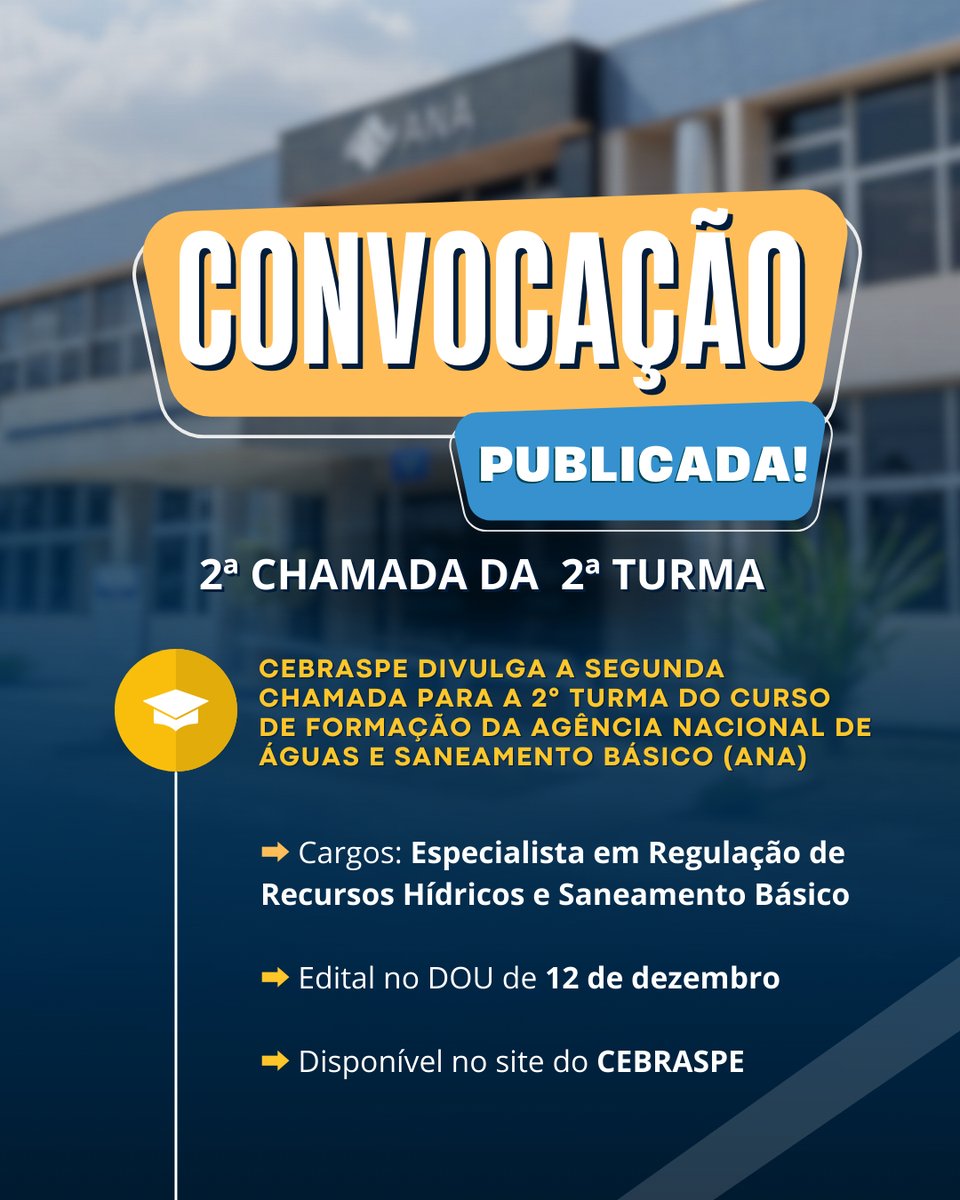 ANAgovbr's tweet image. 🚨 CHAMADA DE ATENÇÃO🚨

O CEBRASPE divulgou a segunda chamada da 2ª turma do curso de formação da Agência Nacional de Águas e Saneamento Básico (ANA)💧📚

➡️ Deslize o carrossel e confira todas as informações importantes sobre prazos, curso, avaliação e regras!

#ANA #Concurso