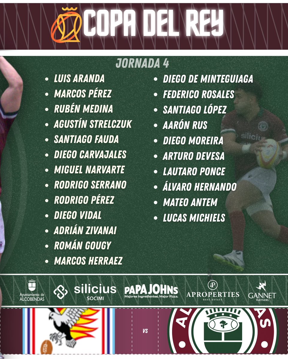 📋 Convocatoria Silicius Alcobendas Rugby | Copa del Rey – J4

Este sábado viajamos a Zaragoza para medirnos a Fénix Rugby en una nueva jornada de Copa.

📅 13 de diciembre | 🕓 16:00
📍 C.D.M. David Cañada

Competir con carácter y ADN granate.

#SiempreGranates #ARUCopaDelRey