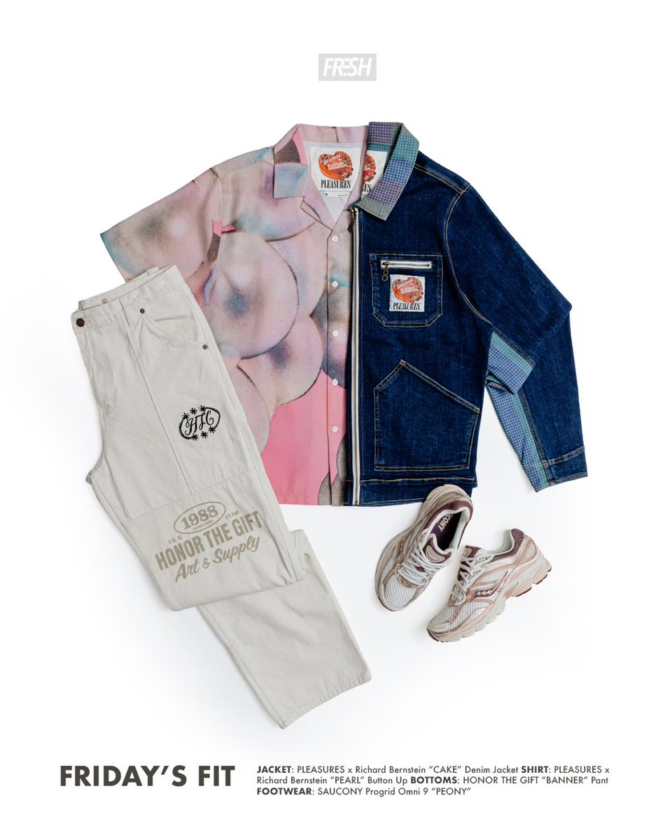 FRIDAY’S FIT — shopfrsh.com 
Every Friday. New fit. No repeats. ⏱️

Kicking off our first Friday’s Fit rollout—updated every Friday at 2PM—with a statement lineup that blends art, heritage, and modern silhouettes.
This week’s feature highlights the latest PLEASURES x