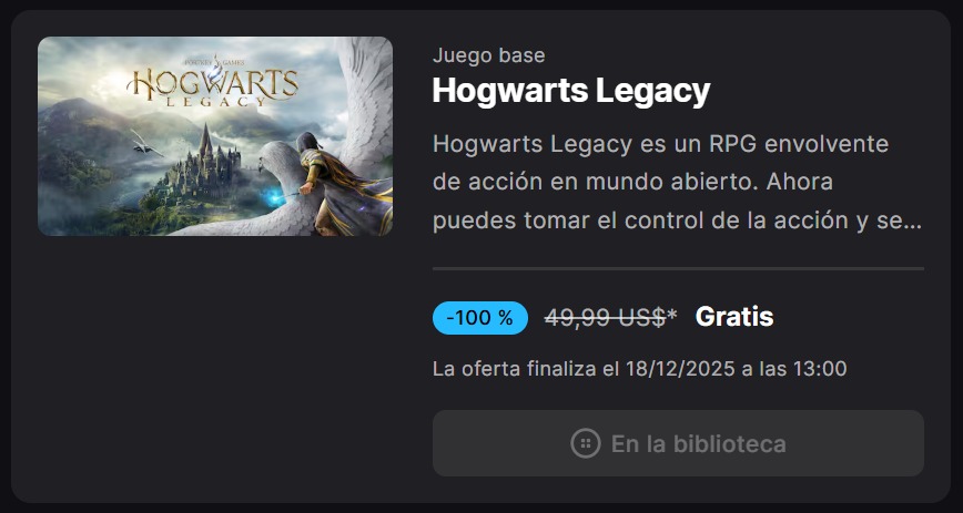 CompraGamerOK's tweet image. Fanáticos pueden descargar GRATIS de Epic el Hogwarts Legacy 🪄
¡Aprovechen que solo hay tiempo hasta el 18/12/2025!
Les dejamos el link para que no se lo pierdan: ➡️store.epicgames.com/es-ES/p/hogwar…

#HogwartsLegacy #HarryPotter #CGNews