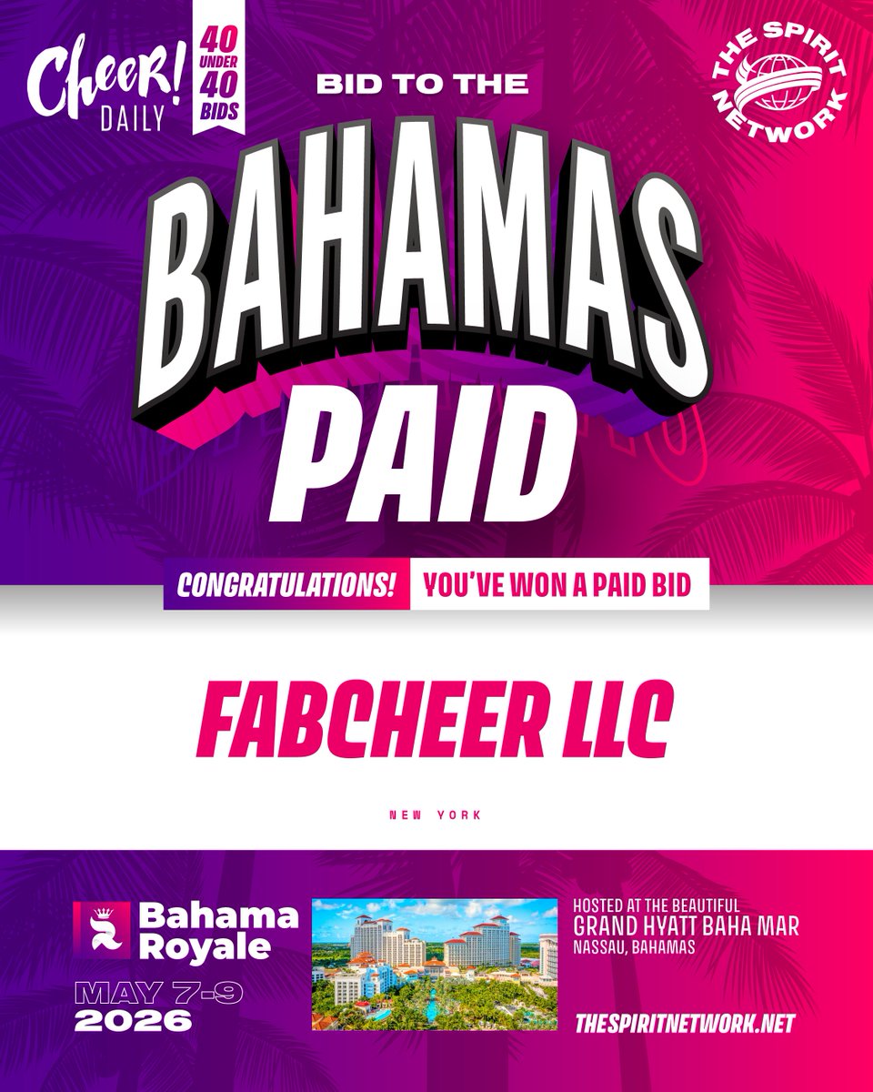 CheerDaily's tweet image. The attached programs have officially earned a Paid Bid for one team to the 2026 Bahama Royale Cheer and Dance Championships in Nassau, Bahamas!

This Cheercation event is set for May 8–9 at the luxurious Grand Hyatt Baha Mar.
Presented by Cheer Daily x The Spirit Network