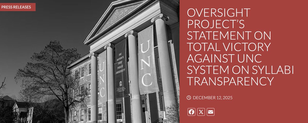ItsYourGov's tweet photo. Oversight Project applauds the UNC system for creating an official policy that requires all professors to make their syllabi public. This is a massive step in the right direction as we battle against the radical Left’s aversion to transparency.  We are just getting started. Universities across the country should be on notice that they'll be hearing from us soon.

We’ve committed to leading the charge to hold universities accountable for what they teach our kids.

Read our statement here: https://t.co/vGpNEM8PQv