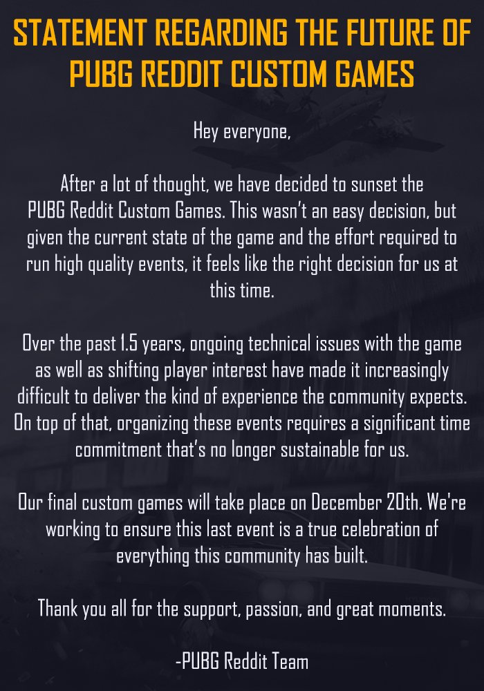 A statement regarding the future of PUBG Reddit Custom Games.