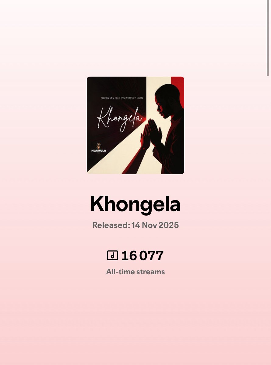 16K streams on <a href="/Spotify/">Spotify</a> 🔥🙏 I’m emotional, grateful, and hyped. Thank you to everyone supporting Khongela and huge respect to Deep Essentials , Tiyani Ed Baloyi , and Hlamula Records. Let’s keep climbing! 💚🚀