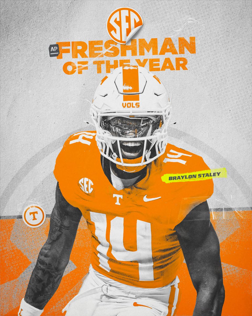Rack them up, young fella! Braylon Staley has been named SEC Freshman of the Year by the <a href="/AP/">The Associated Press</a>. Congrats!

Graphic by #Tennessee Football