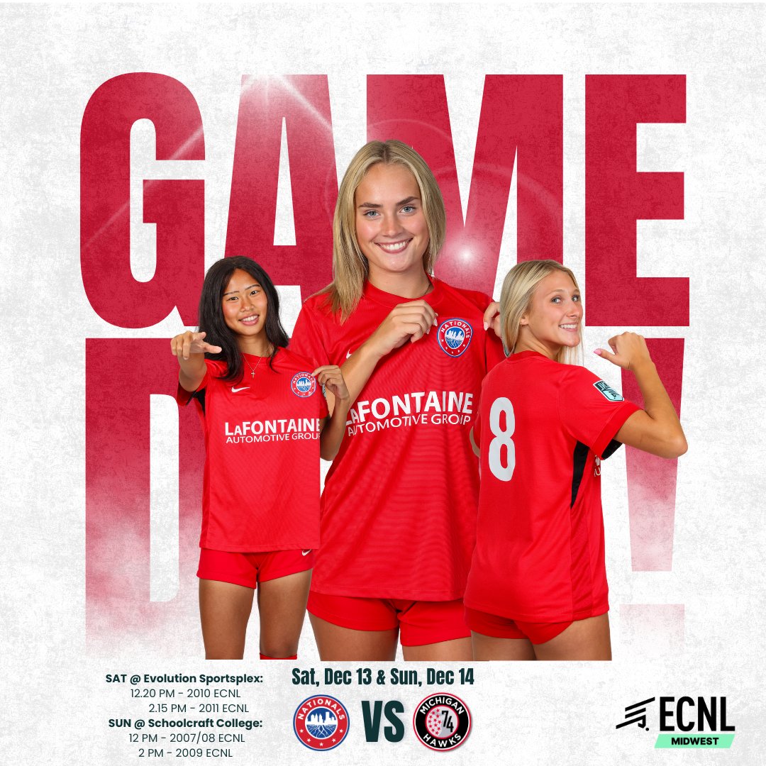 NationalsGA's tweet photo. ECNL Girls Midwest Conference action resumes this weekend for our U15-U19 Girls as they take on @MIHawks1974 !
The U15 & U16s will take place on Saturday @ Evolution Sportsplex, with the U17 & U18/19 Games taking place @ Schoolcraft College on Sunday.
Come on out for some of the top talent in the country facing off!
#LetsGoNationals #NationalsECNL #MichiganHawks #ECNLMidwest
@ImYouthSoccer @ImCollegeSoccer