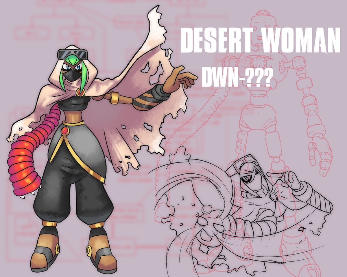 ENTRY NAME: Desert Woman, codename DWN-??? Watch out! This shrewd-mannered robot master uses her "Death-arm" to suck metal debris and turn it into sand! Better not take too long taking her down, or she'll have the terrain advantage.
By: _leviathan
#MegaManDO #DesignARobotMaster