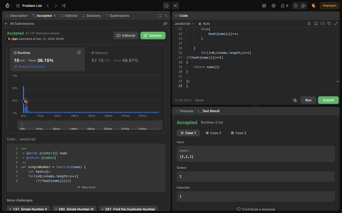 Rijan1114's tweet image. Day 3/100
wrote two code solutions where  both passed, but only one followed the logic correctly
Lesson 📖
Getting &quot;Accepted&quot; isn&apos;t enough
Understanding the why behind your code is what counts.
#LearnInPublic #Leetcode #100DaysOfCode #DSA