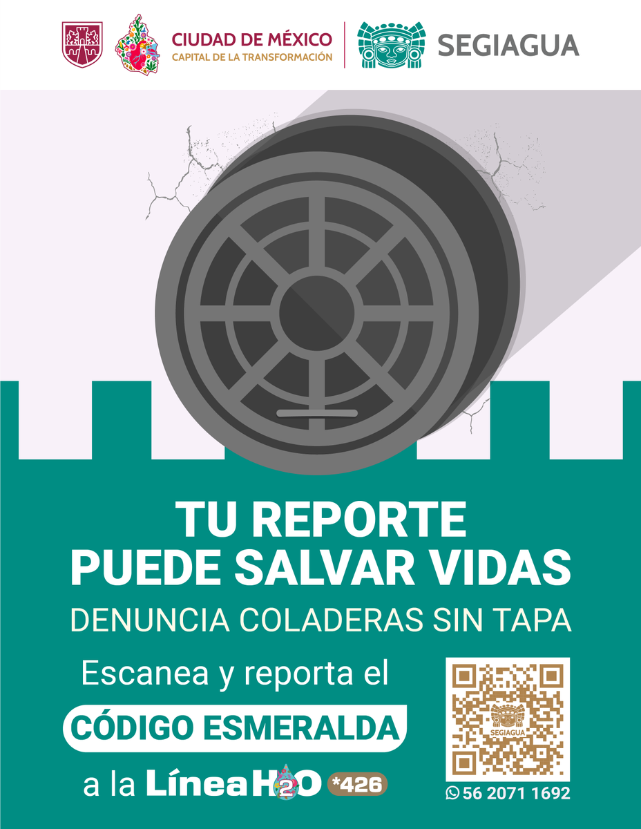 ⚠️🚶‍♀️ ¿Una coladera sin tapa? 😱  
Si la ves en tu camino, no la ignores: tu reporte puede salvar vidas.

📲 Escanea el código QR para realizar tu reporte o llama directamente a la #LíneaH2O *426. 
Juntas y juntos mejoramos las calles de la #CapitalDeLaTransformación. 💧🌆
