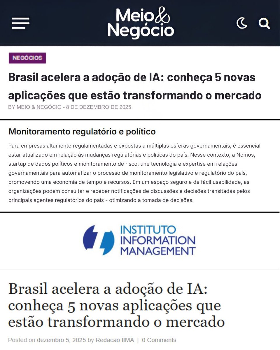 Bissuh's tweet image. Nessas últimas semanas, saímos em mais alguns portais de notícia frisando quanto algumas IAs estão transformando o mercado, e fomos citados como a IA que está transformando o cenário político. 

Esse mês conseguimos soltar muitas melhorias e novidades na @_nomos para acelerar…
