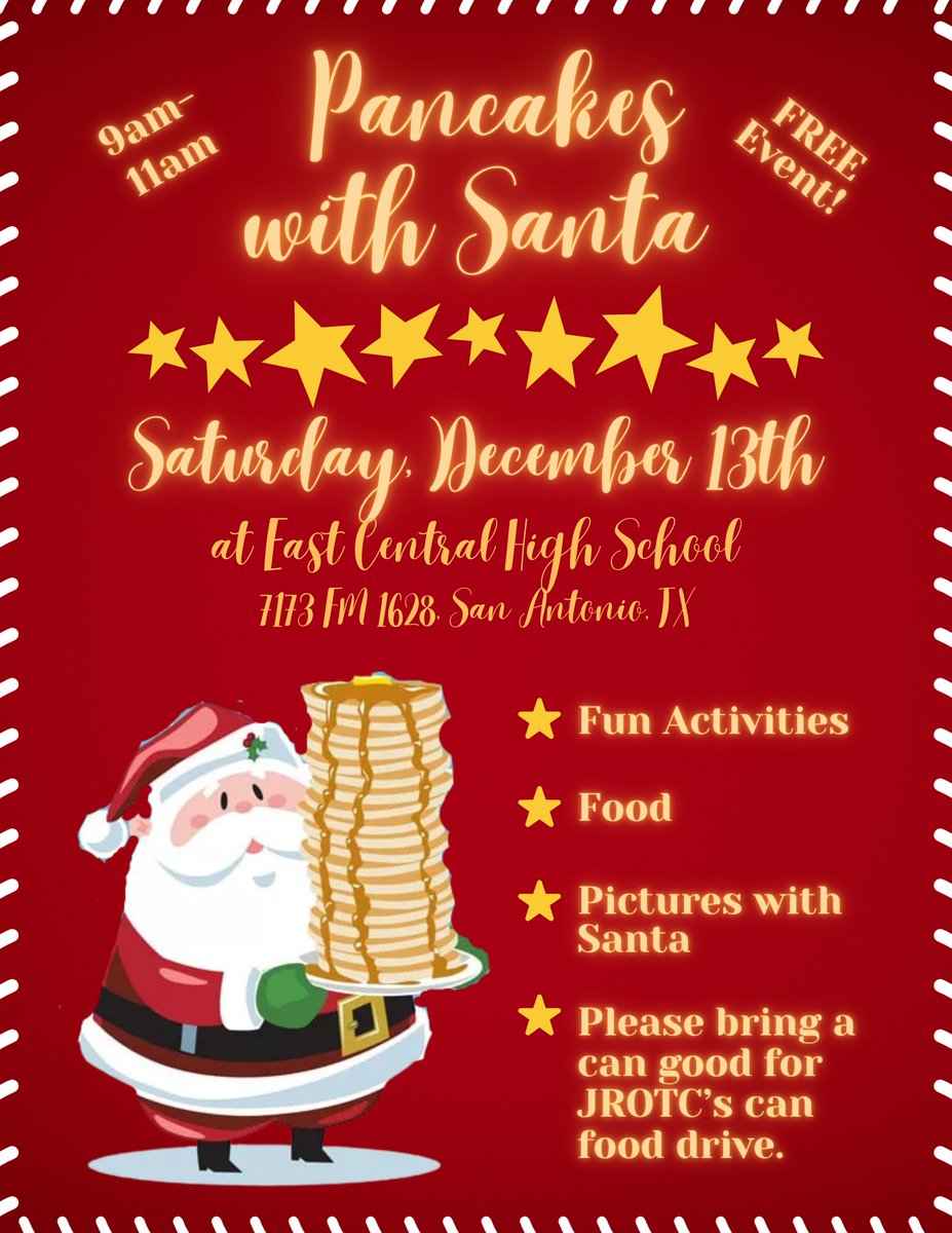 Pancakes with Santa is tomorrow! Join us for fun activities, free photos with Santa, and plenty of pancakes. This free event is open to all ECISD families. If you can, bring a canned good for the JROTC food drive. Saturday, Dec. 13, 9–11 a.m., at ECHS.