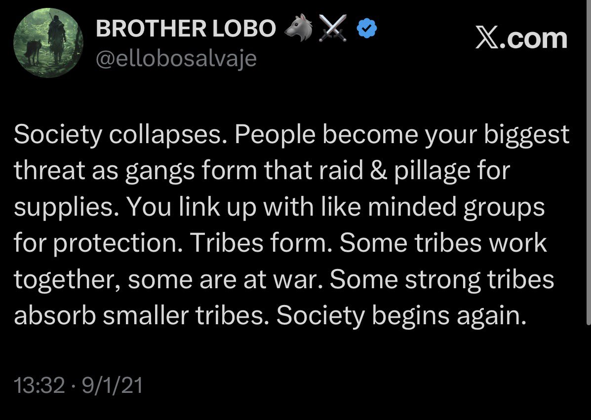 ellobosalvaje's tweet image. The era of rugged individualism is over, it’s now the era of rugged collectivism. 

This is the natural cycle of a world coming to an end.