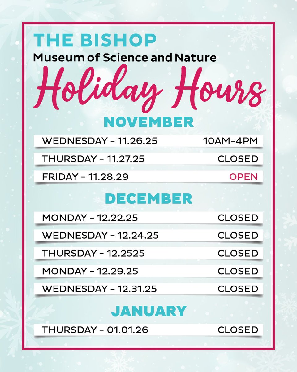 Plan ahead! Our holiday hours are coming up, so make sure you know when we’re open so you don’t miss out on the Museum fun!

The Museum will be closed Monday, December 22, Wednesday, December 24, and Thursday, December 25.

#HolidayHours #PlanAhead