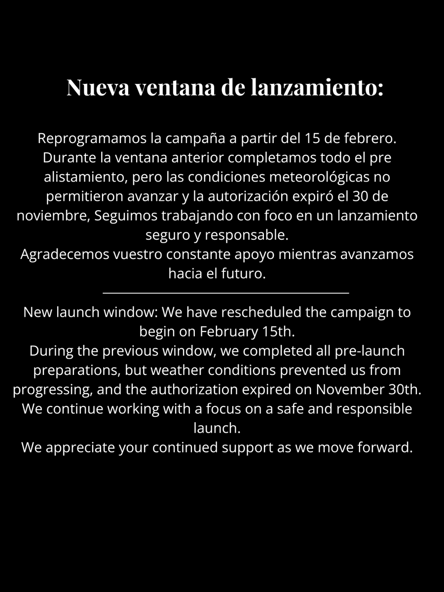 Reprogramamos la campaña a partir del 15 de febrero. 
Durante la ventana anterior completamos todo el pre alistamiento, pero las condiciones meteorológicas no permitieron avanzar y la autorización expiró el 30 de noviembre

Agradecemos vuestro constante apoyo.