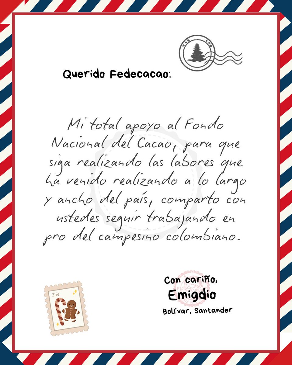 Iniciamos el día leyendo el Correo Cacaotero que nos llega desde Bolívar, Santander.💌🎄En esta Navidad agradecemos el cariño de nuestros productores; por eso compartimos con alegría las cartas que nos hacen llegar, expresiones que reflejan su confianza en el gremio. ¡Gracias! 🎅🏼