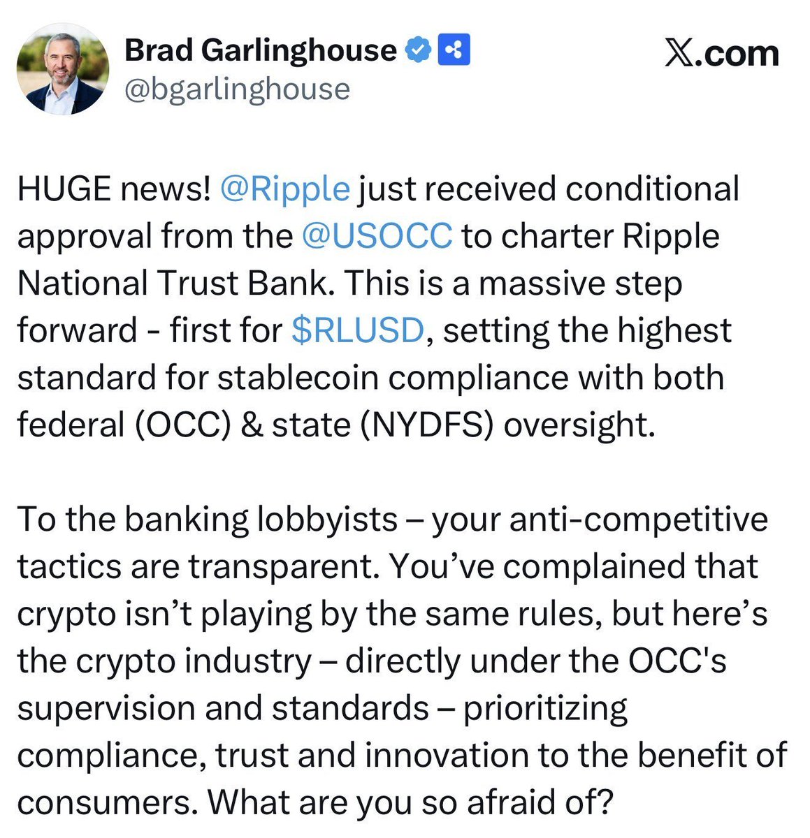 I guess I will be switching banks now! Congrats <a href="/bgarlinghouse/">Brad Garlinghouse</a> Go $xrp