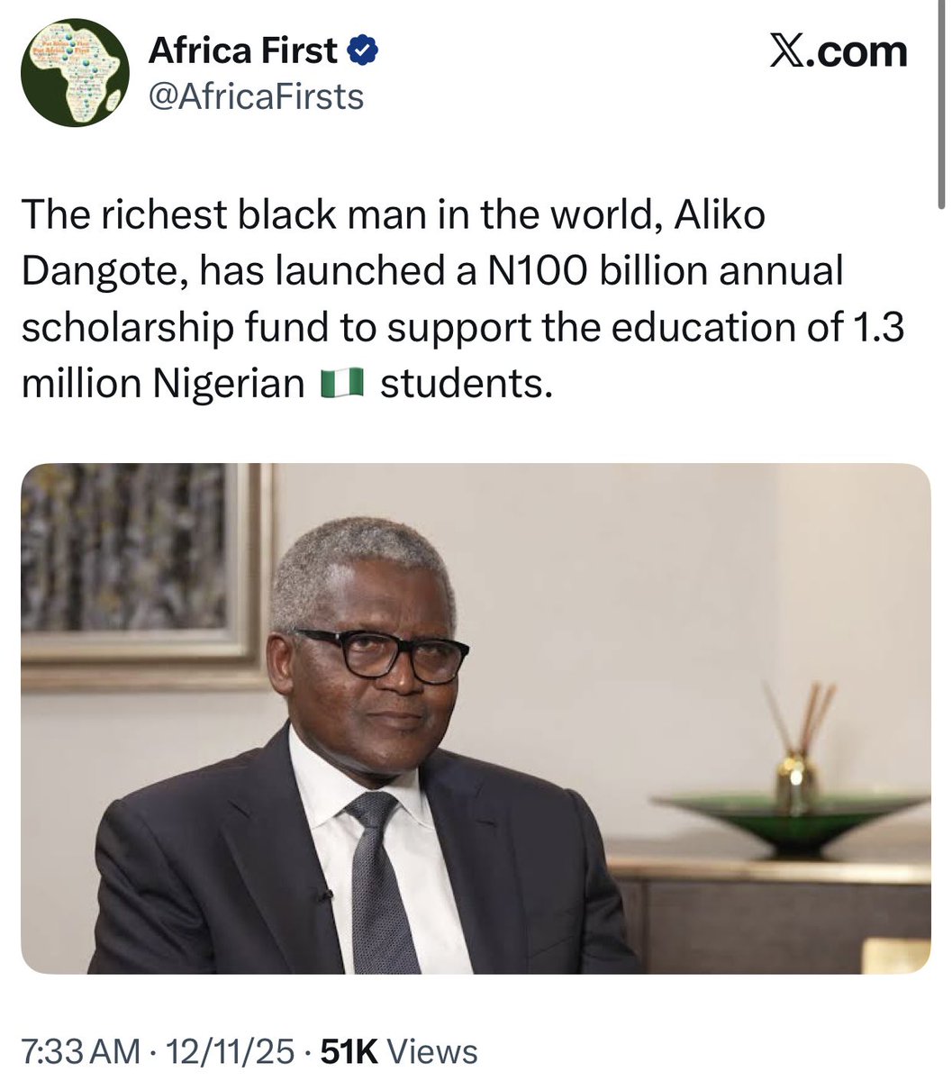 firstladyship's tweet photo. Dear Nigerians, PAY ATTENTION!

Dangote has become an Ethical Billionaire.

Dangote Refinery slashed the price of petrol to N699 to ease the burden on Nigerians at Xmas

When I wrote the thread below some days ago, senseless miscreants & data boiz abused me.

But I’m glad that Alhaji Aliko Dangote listened to everything I said, & he decided to toe the line that U.S billionaires have tread in the past.

Education Scholarships was how America & China were built. So kudos to Aliko Dangote & congratulations to his daughters (whose names are attached to this phenomenal Foundation).

I’m super impressed by this (₦100 Billion Annaul Scholarship Fund). In fact, I can’t even hold back the joy. Allocating more education funding slots to Lagos & Kano states is welcomed as well. Those with the largest population should receive the most funding.

Education should never be trivialized or trifled. Now I encourage other USD Billionaires to join Alhaji Aliko Dangote in this fantastic gesture.

Where is Femi Otedola, Michael Adenuga of (GLOBACOM), the delectable Folorunso Alakija (Famfa Oil), Chief Arthur Eze, Sir Emeka Offor, & Abdul Samad Rabiu of BUA Group? Please, they should kindly join Dangote in this Big Boy’s Club. Can you raise your hands & be counted?

Thank you @AlikoDangote @DangoteGroup 

Education remains the only way out. 👏👏