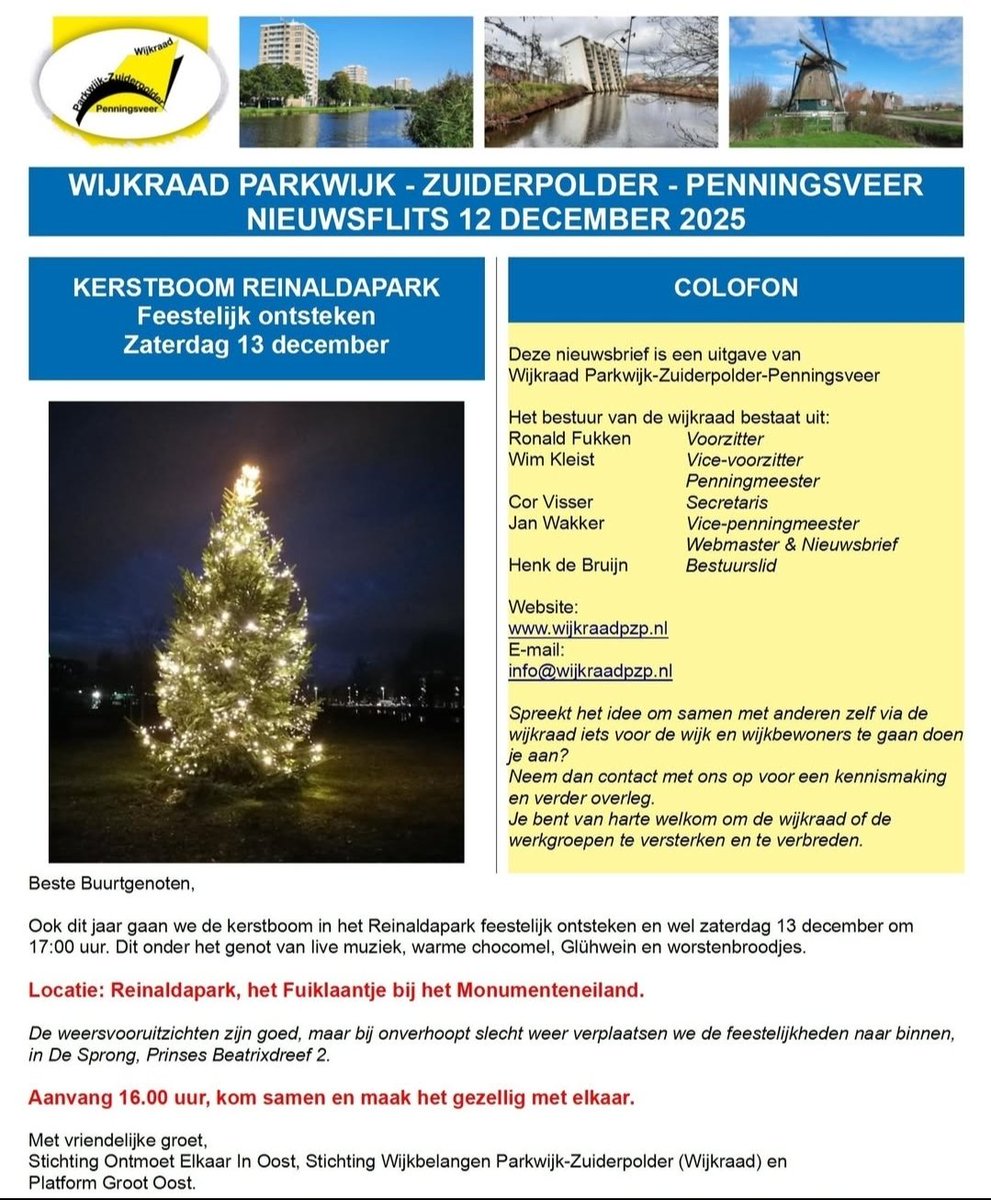 Kerstboom Reinaldapark.

Ook dit jaar gaan wij de kerstboom in het Reinaldapark feestelijk ontsteken en wel zaterdag 13 december om 17:00 uur.

Aanvang 16.00 uur, kom samen en maak het gezellig met elkaar.