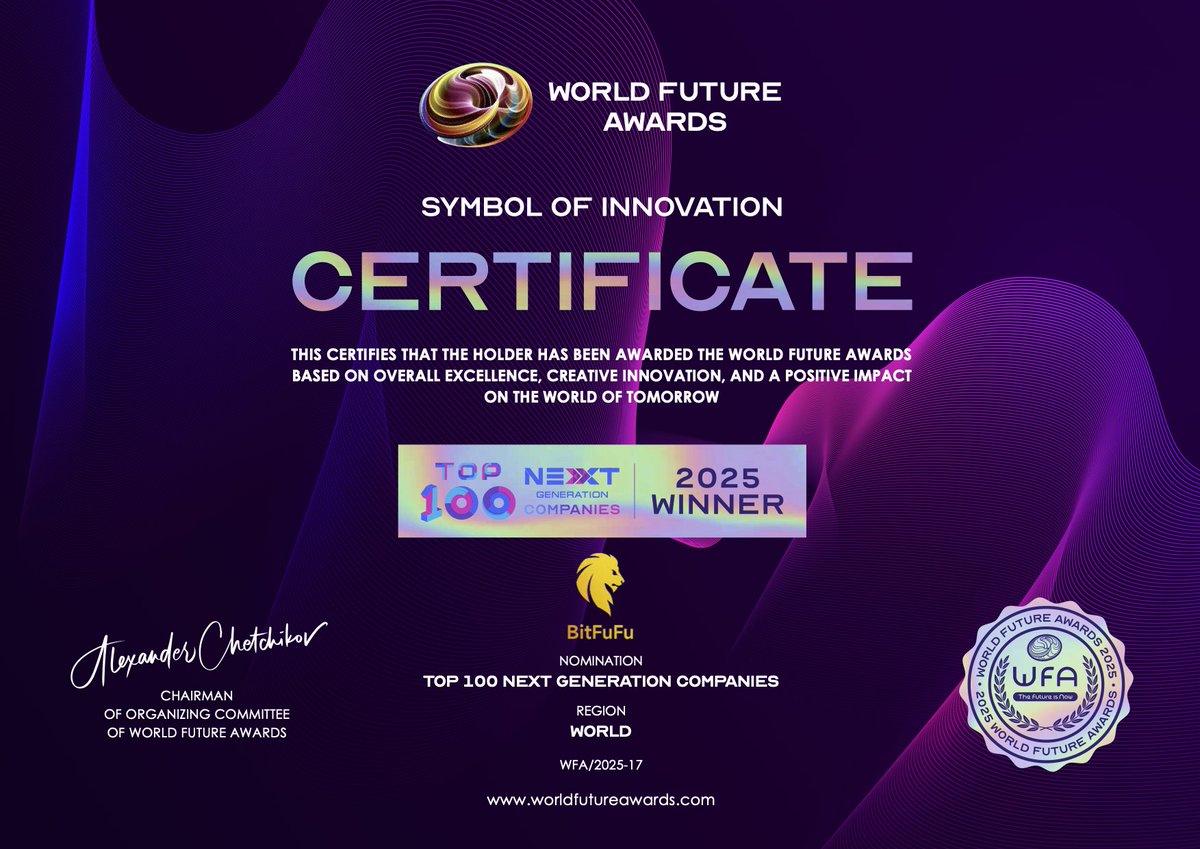 BitFuFuOfficial's tweet image. We’re proud to share that we have been recognized as one of the World Future Awards’ TOP 100 Next Generation Companies🚀 

From #CloudMining to global digital infrastructure, this recognition highlights our mission to make #Bitcoin mining more accessible, scalable, and reliable