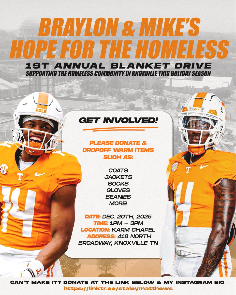 mike1matthews's tweet image. Help us to spread warmth this holiday season by donating to our Hope for Homeless Blanket Drive!Come see us on December 20th at Karm Chapel to drop off warm items or support the cause from home using the link.  
linktr.ee/staleymatthews