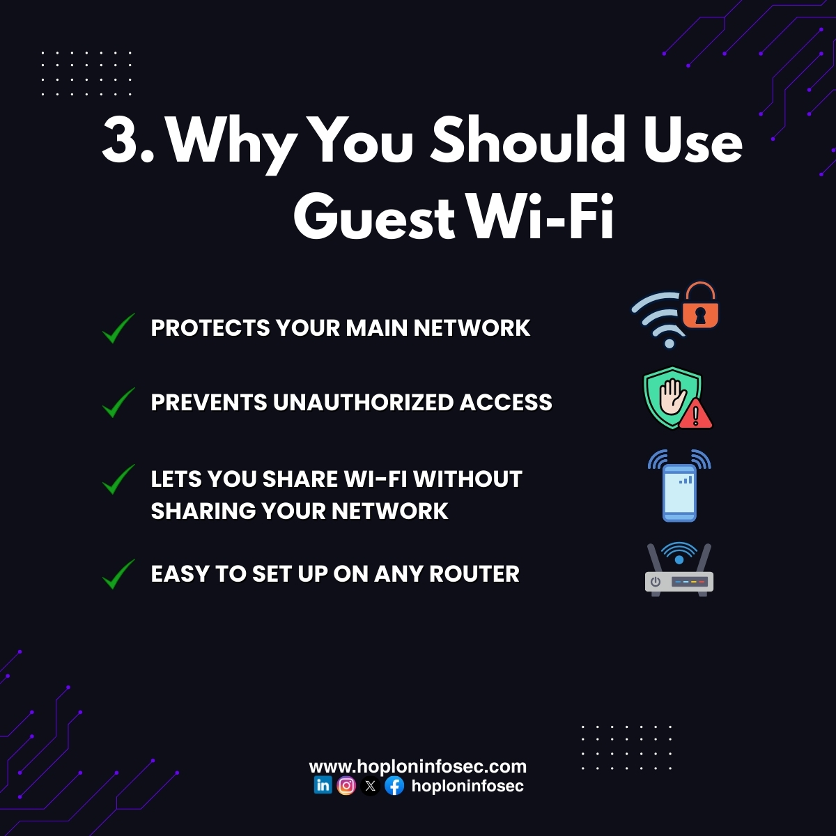 HoplonInfosec's tweet image. A Guest Wi-Fi network keeps visitors separate from your main devices — protecting your phones, laptops, smart TVs, and personal data.
Follow @HoplonInfosec for real-world cybersecurity tips.
#CyberSecurity #GuestWiFi #HomeNetworkSecurity #DigitalSafety #Infosec