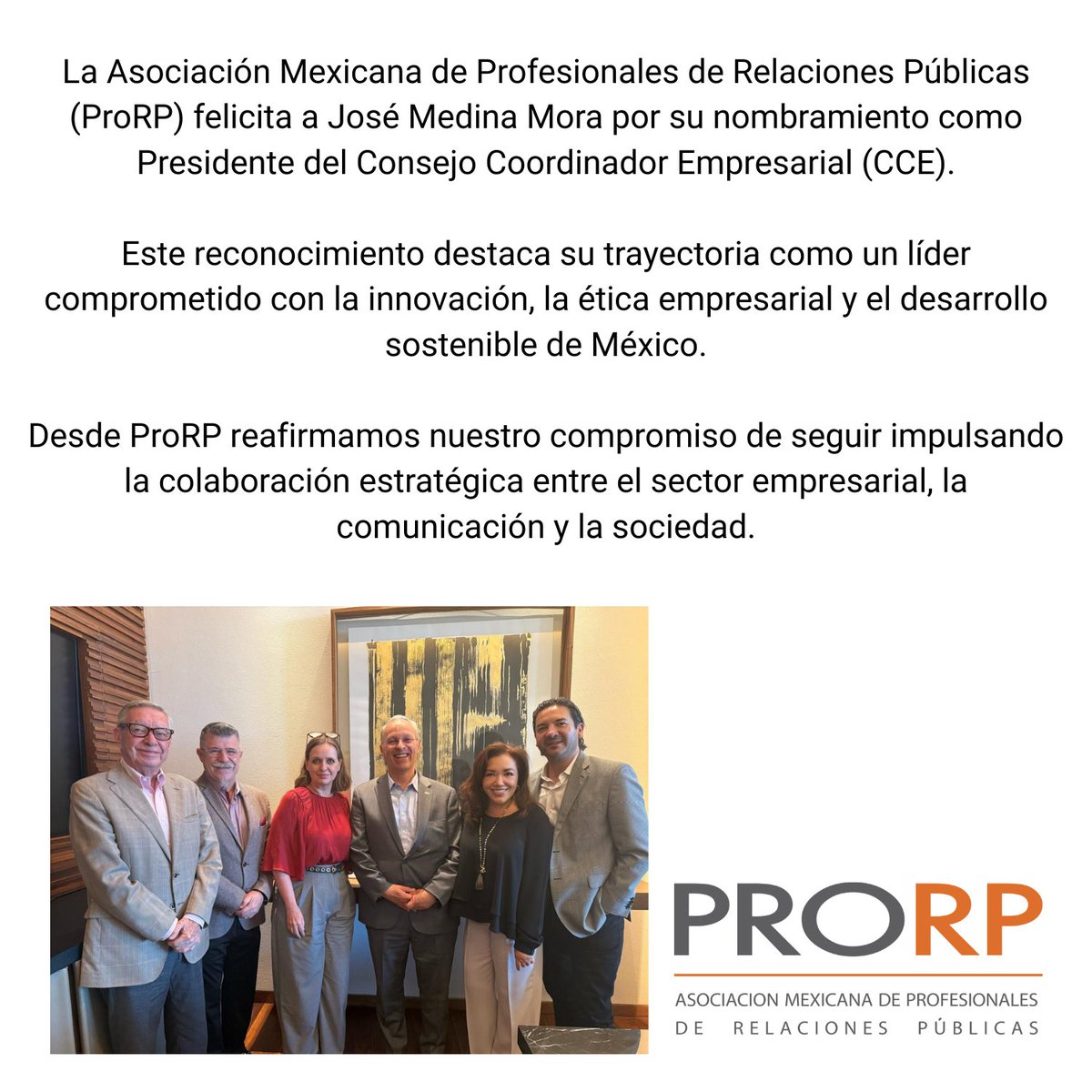 En <a href="/PRORPMexico/">PRORP</a> le extendemos una muy cordial felicitación a <a href="/JoseMedinaMora/">José Medina Mora I.</a> por su nombramiento como presidente del <a href="/cceoficialmx/">Consejo Coordinador Empresarial CCE</a>