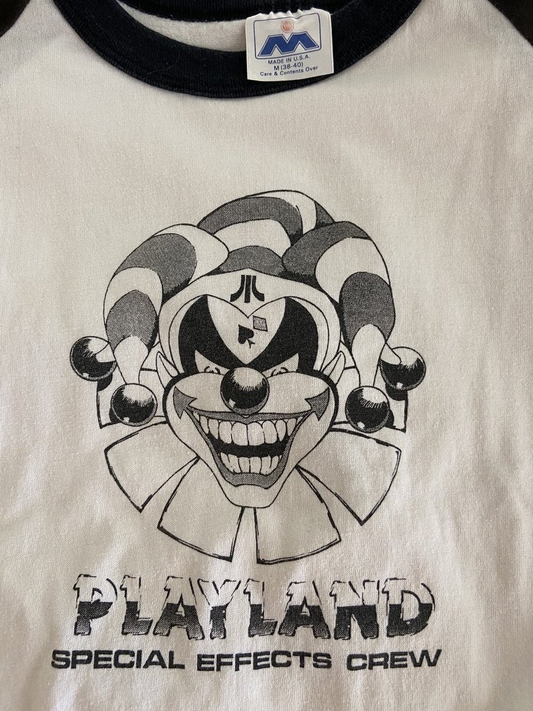 Car__Go's tweet photo. My uncle worked for Lucas Film as a FX miniature model maker. This Atari Playland Special Effects Crew shirt is in his collection. I'm considering selling it &amp; need insight as to the value. Pretty rare since the game was never released. Please comment your thoughts. #atari https://t.co/lucvxrvFTw
