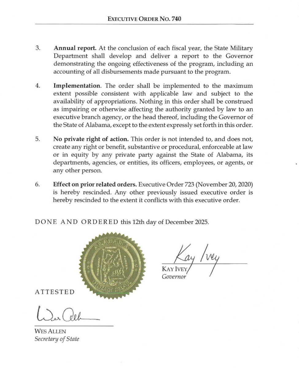 ✍️: I have signed an executive order to keep the <a href="/AlabamaNG/">AL National Guard</a> strong and ready. 

This action boosts recruiting by rewarding those who help bring the next generation of soldiers and airmen into uniform.

Alabama is proudly answering the call. (1/2) ⬇️ #alpolitics